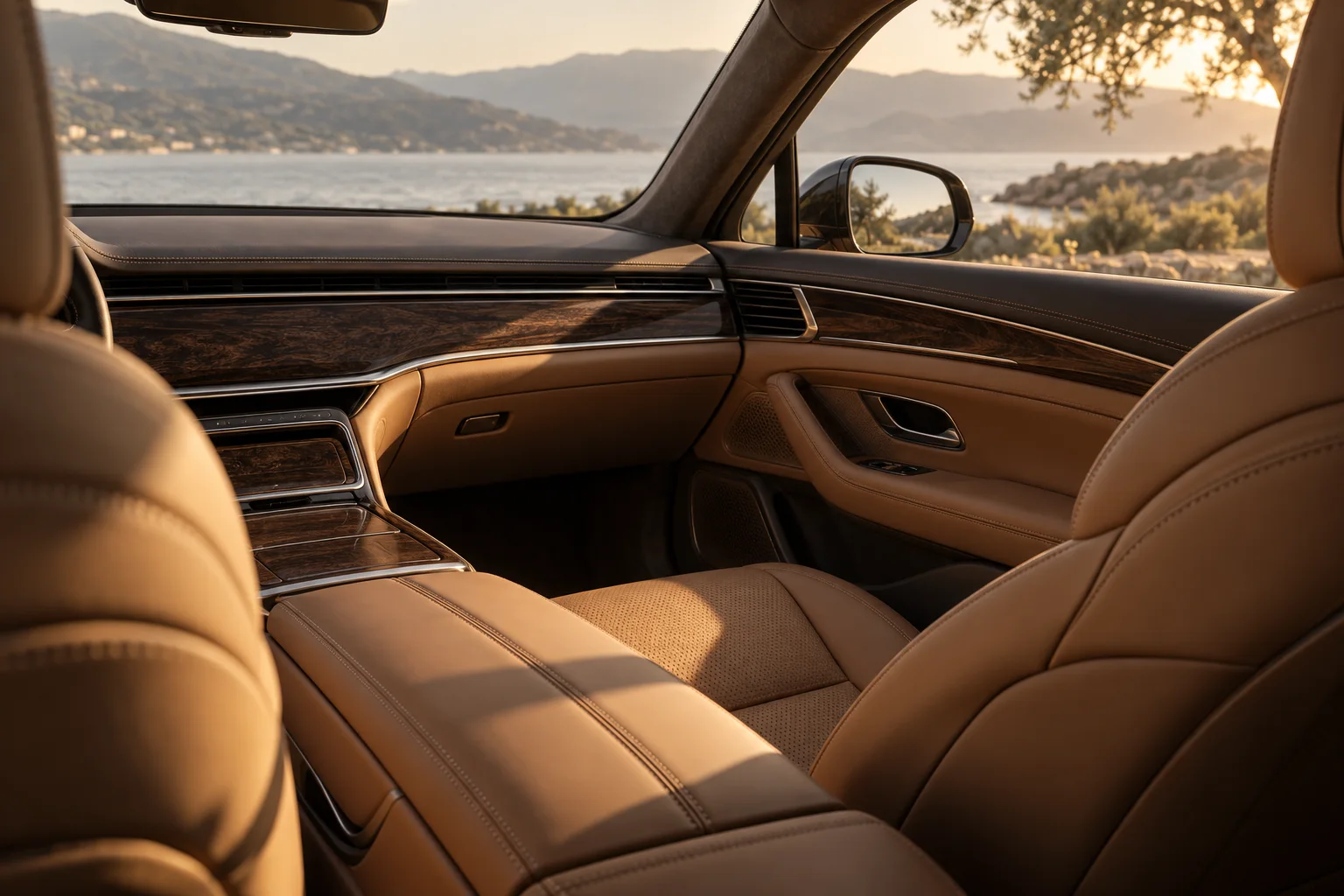 Sunlight across a tan leather car interior with warm wood details