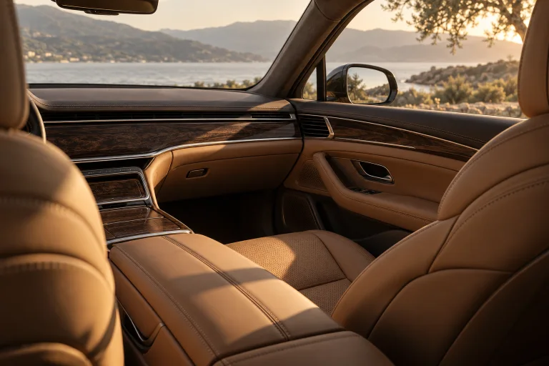 A thoughtfully detailed warm leather car interior